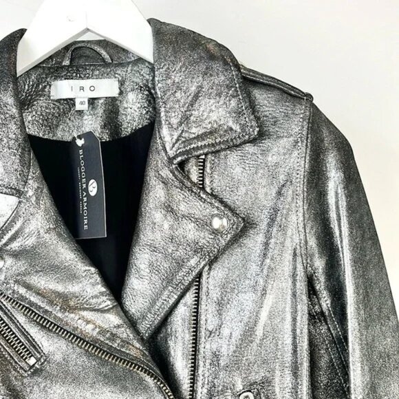 IRO Brooklyn Silver Metallic Leather Moto Jacket - Picture 3 of 10